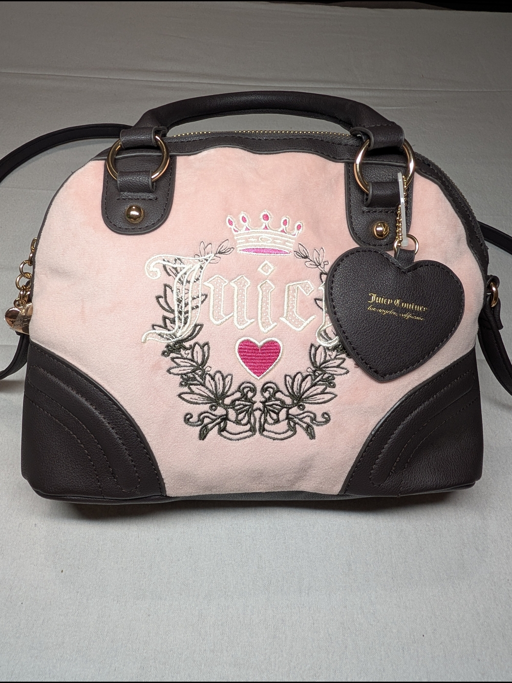 Juicy Couture Pink and Dark Brown Heart Charm Satchel Bag